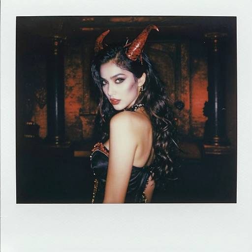 Photograph of a pale-skinned woman with long black hair, red horns, and dark makeup, wearing a black, strapless, corset-like