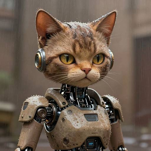 Digital illustration of a rain-soaked, robotic, anthropomorphic cat with yellow eyes, metallic ears, and beige mechanical armor in a blurred urban background.