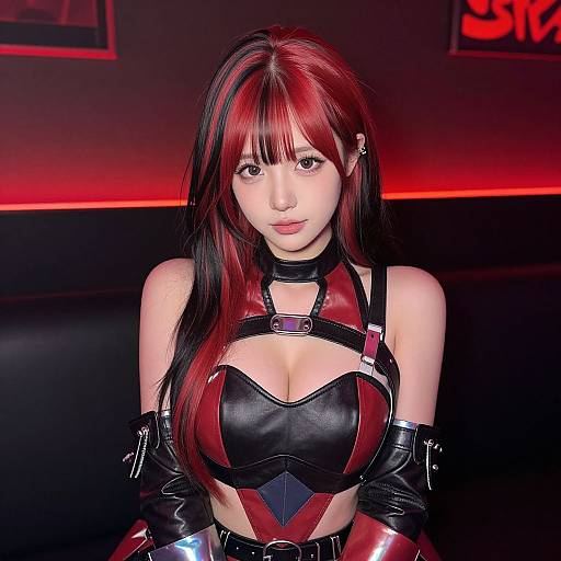 Digital artwork of an Asian woman with red and black hair, wearing a revealing black and red leather harness, in a dark, neon-lit room.
