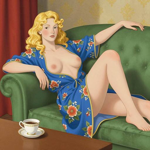 Elegant Woman Reclining in Floral Robe