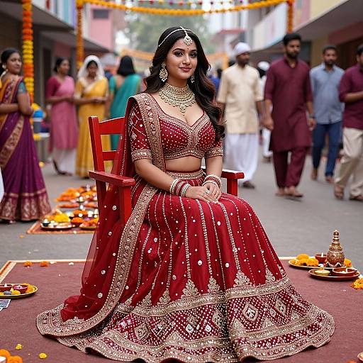 Photograph of a South Asian bride in a red and gold embroidered lehenga, seated on a red chair at a vibrant street festival, surrounded by gar