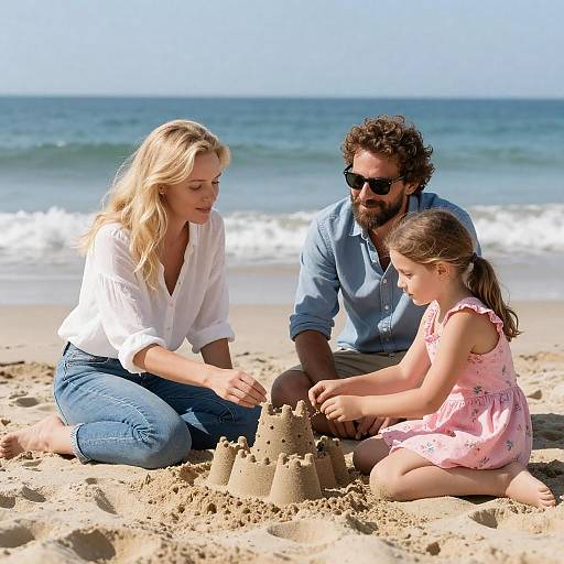 Sunlit Family Beach Sandcastle Moment