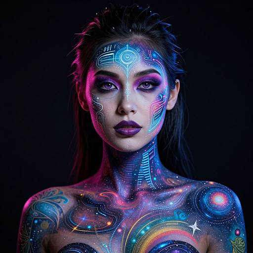Photograph of a woman with neon blue and pink glowing patterns on her face and body, dark hair, intense gaze, black background, cosmic-themed tattoos