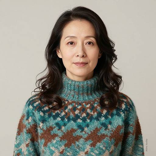 Photograph of a middle-aged woman with long black hair, wearing a teal and brown patterned knitted turtleneck, smiling softly against a plain