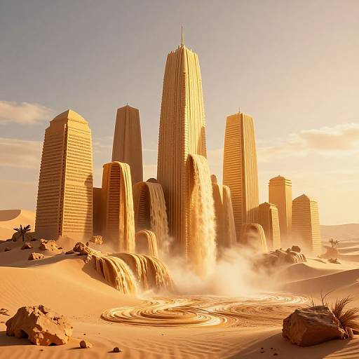 Surreal 3D Desert with Sand Waterfalls
