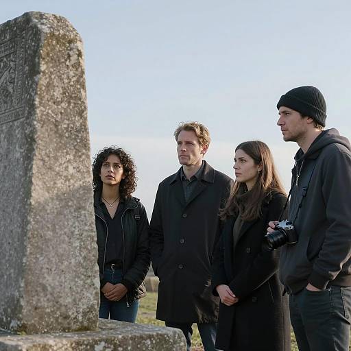 Group Observing Weathered Stone Monument Outdoors