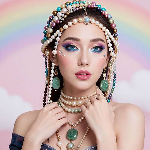 Photograph-style digital art of a fair-skinned woman with blue eye makeup, pearl and gemstone headpiece, necklace, and teal earrings, against