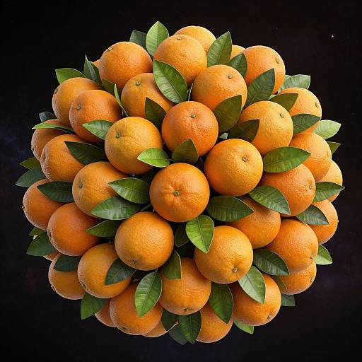Photograph of a perfectly spherical arrangement of bright orange oranges with green leaves, set against a solid black background.