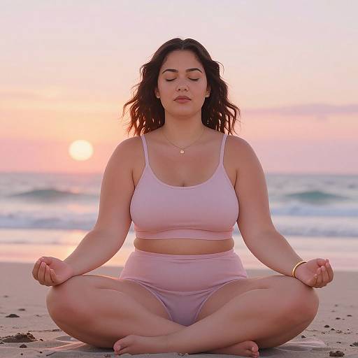 Photograph of a plus-size woman with wavy dark hair, wearing pink sports bra and high-waisted panties, meditating in lotus position