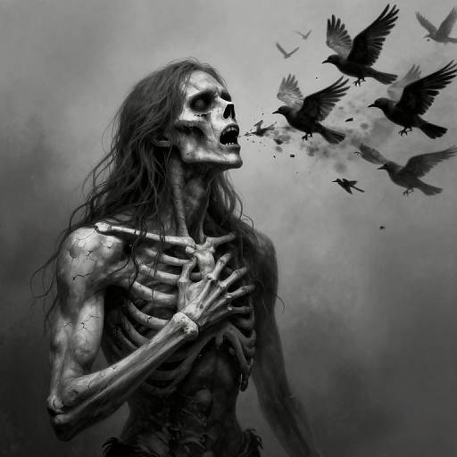 Digital art: Monochromatic, skeletal figure with long hair, open mouth, hand on chest, surrounded by flying black crows against a foggy