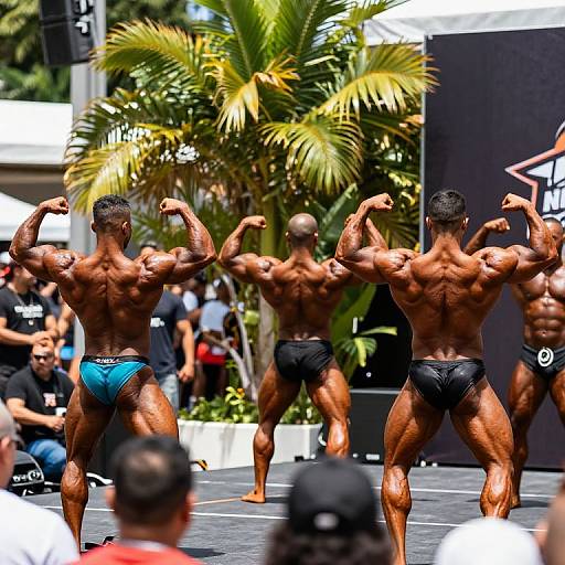 Photograph of three muscular male bodybuilders in black briefs, flexing their arms outdoors, with palm trees and a blurred audience.