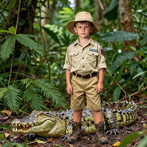 Photorealistic CGI: Young boy in scout uniform stands confidently in dense jungle, beside large, detailed alligator with green scales.