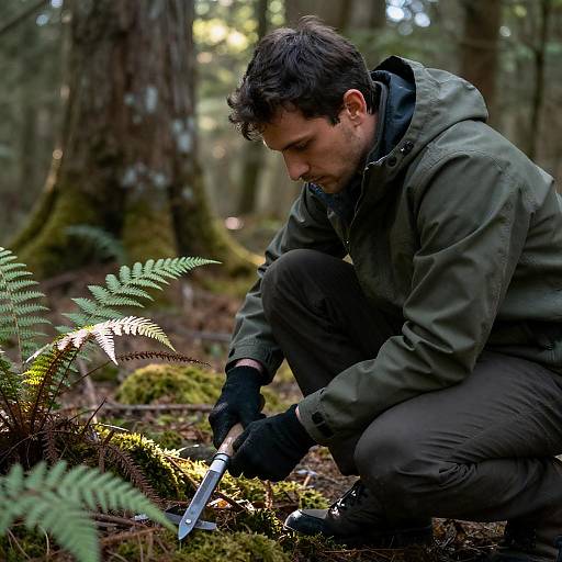 Intense Forest Exploration in Green Jacket