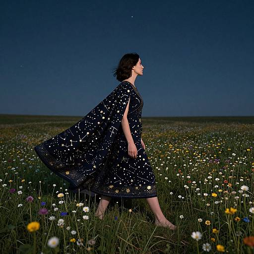 Photograph of a woman in a black star-patterned dress, standing in a vibrant, starlit meadow, looking up at the night sky.