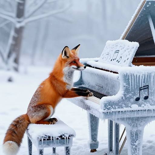 Photograph of a red fox playing a snow-covered piano with icicles, set against a blurred, snowy winter forest background.