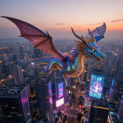 Digital artwork of a vibrant, bioluminescent dragon soaring over a neon-lit, futuristic cityscape at sunset, with skyscrapers and glowing