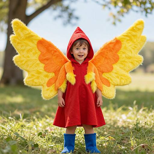 Photograph of a young child in a red hooded dress with vibrant orange and yellow fuzzy wings, standing on grass in a sunlit forest. Blue