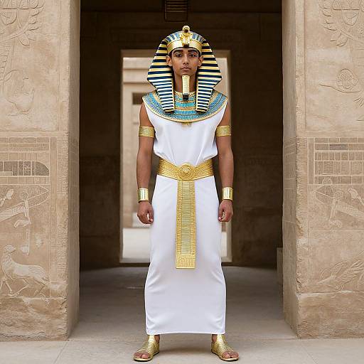 Photograph of an Egyptian pharaoh in traditional attire: white robe, gold belt, striped nemes headpiece, gold accessories, standing in ancient stone