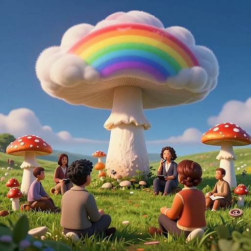 Digital illustration of six people sitting around giant rainbow-topped mushrooms in a grassy field with red-spotted mushrooms, under a bright blue sky.