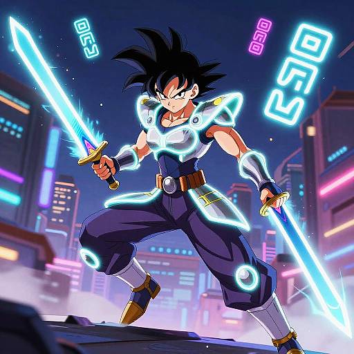 Digital art of Son Goku in mid-fight, wielding glowing blue swords in a neon-lit, futuristic cityscape at night.
