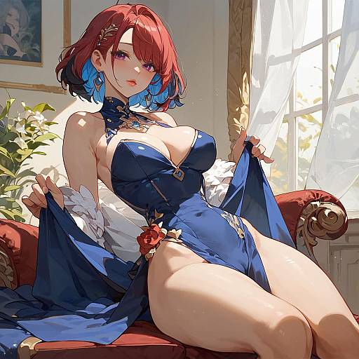 Anime Style Woman in Elegant Blue Dress