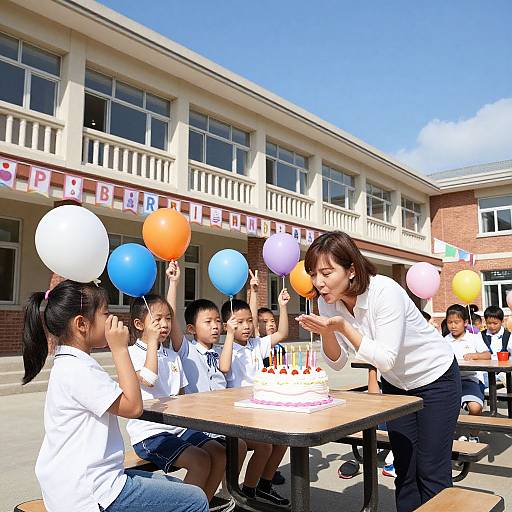 Photograph of a smiling female teacher in white, lighting candles on a birthday cake, surrounded by excited Asian schoolgirls holding colorful balloons outside a school building