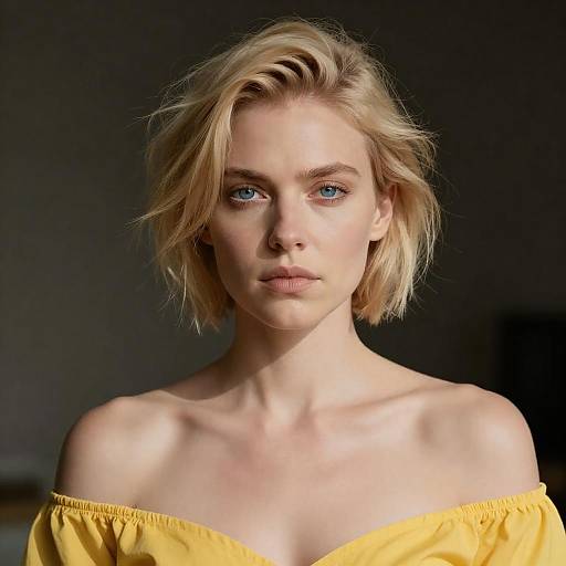 Blonde Woman in Yellow Off-Shoulder Top