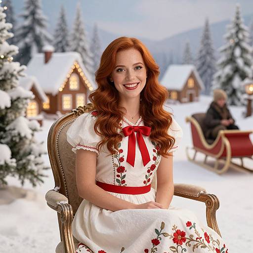 Photograph of a smiling red-haired woman in a white, red-ribboned dress with floral embroidery, sitting in a snowy village. Background: snow