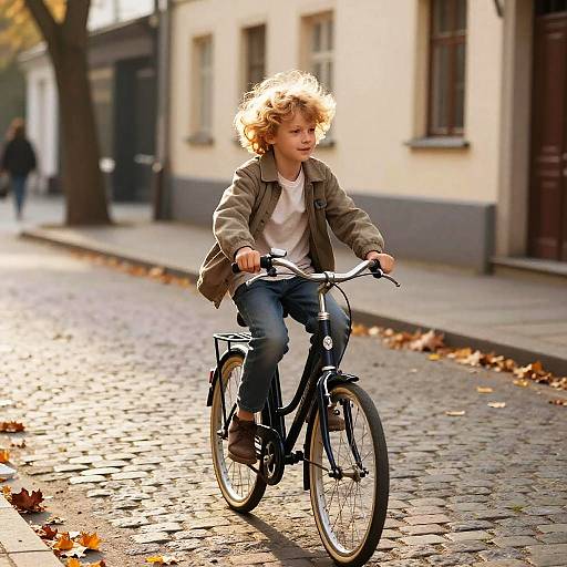 Photograph of a young boy with curly blonde hair riding a black bicycle on a sunlit, cobblestone street with fallen leaves.