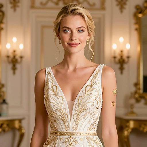 Elegant Blonde Woman in Ivory Wedding Dress