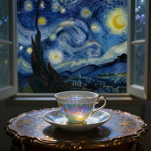 Photograph of a glowing, iridescent teacup on an ornate table, framed by a vivid, starry 