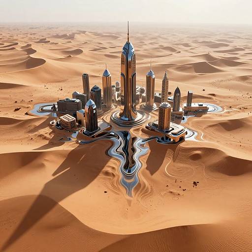 Aerial CGI of a futuristic city with sleek skyscrapers and twisting waterways rising from a vast, sunlit desert.