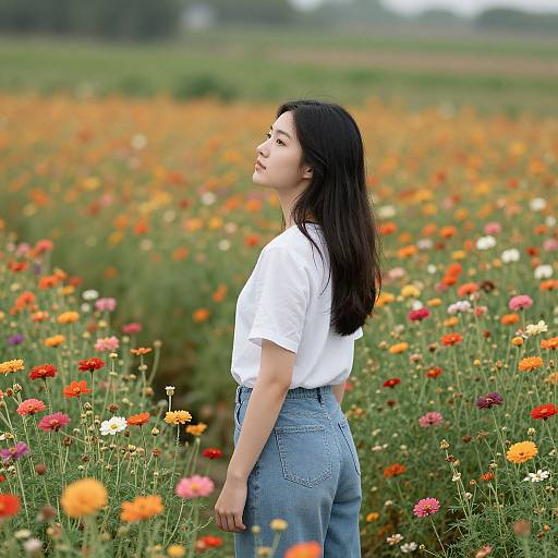 Contemplative Woman Among Vibrant Flowers