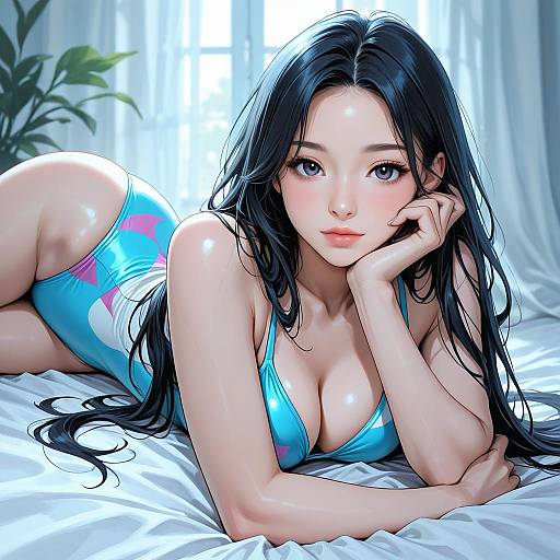 Digital anime-style drawing of a beautiful, fair-skinned woman with long black hair, wearing a blue bikini with pink accents, lying on a white bed
