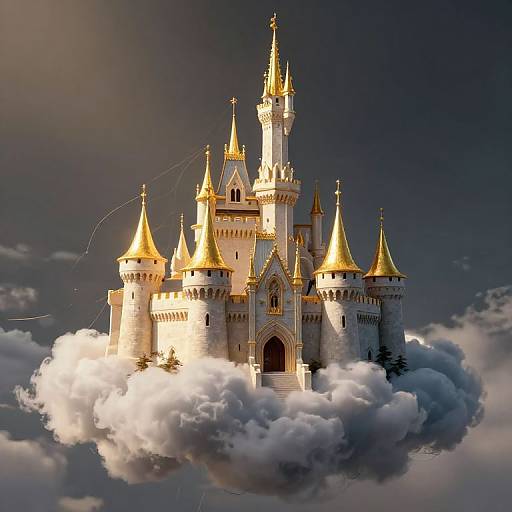 Photorealistic CGI of a golden-crowned, medieval-style castle floating on a fluffy cloud against a dark, stormy sky.