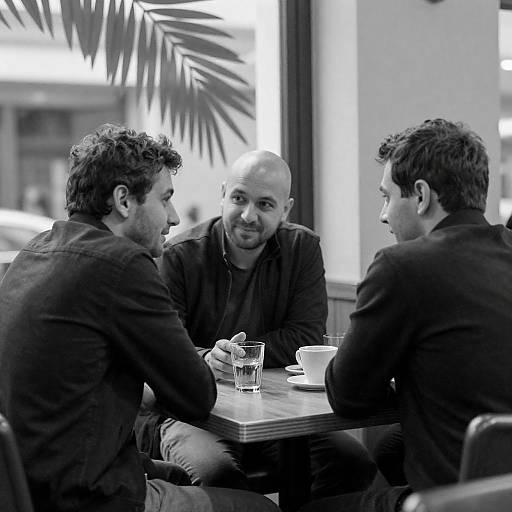 Three Men Conversing at Café Table