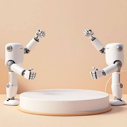 Photograph of two white robotic arms with black joints, raised and poised over a circular white platform on a peach background.