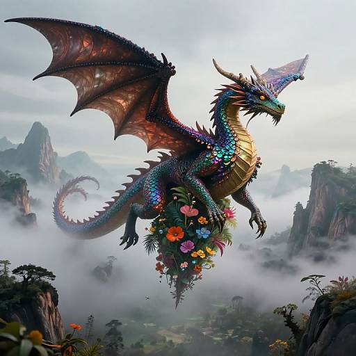 Digital artwork of a vibrant, multicolored dragon with iridescent scales and large, membranous wings, adorned with a floral garland,