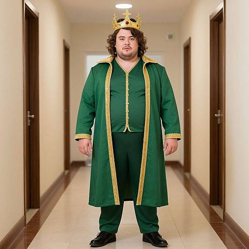 Photograph of a heavyset man with curly hair, wearing a green robe with gold trim, black pants, and a golden crown, standing in a