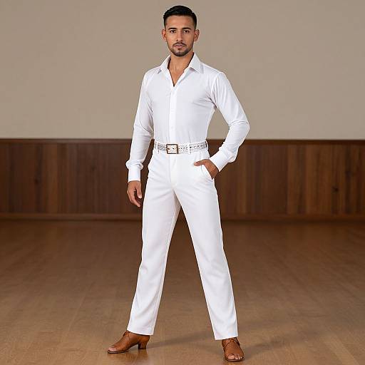 Photorealistic CGI of a handsome, bearded man in a crisp white long-sleeve shirt and pants, brown belt, brown shoes, standing