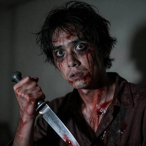 Bloodied Wide-Eyed Man With Knife