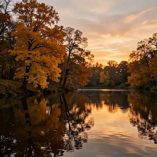 Photograph of a serene autumn sunset over a reflective lake, with orange and yellow leaves on trees mirrored in calm water.