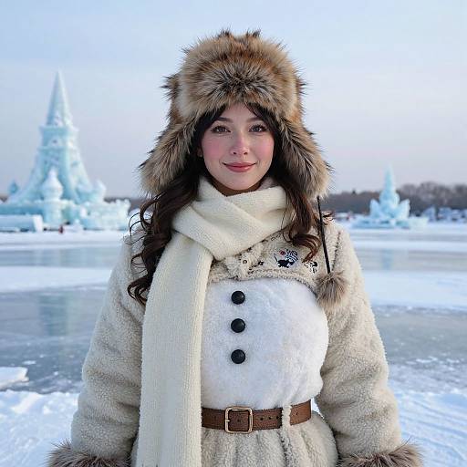 Photograph of a smiling woman with long brown hair, wearing a fur-trimmed hat, white coat, and scarf, standing by a frozen lake