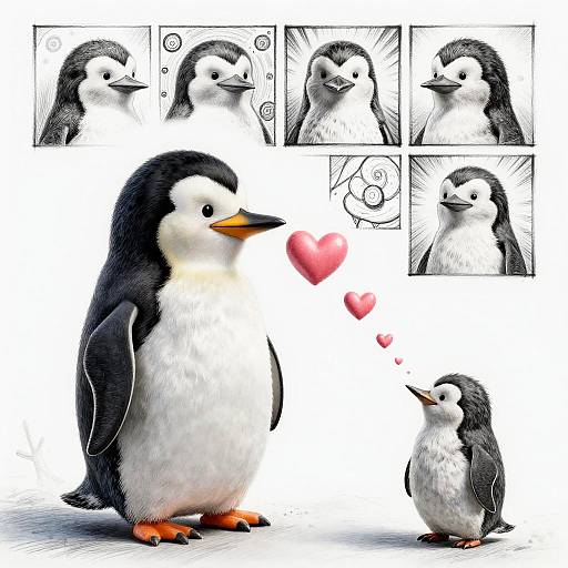 Digital illustration of a black-and-white penguin with orange feet, standing beside a smaller penguin with hearts above them. Six comic-style panels show the