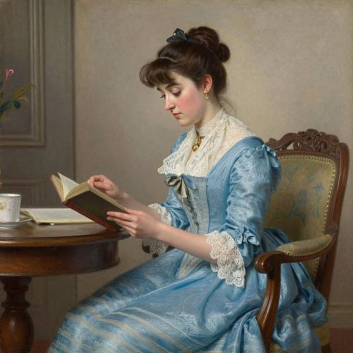 Photorealistic painting of a fair-skinned woman with dark hair in an updo, reading a book in a blue, lace-trimmed Victorian