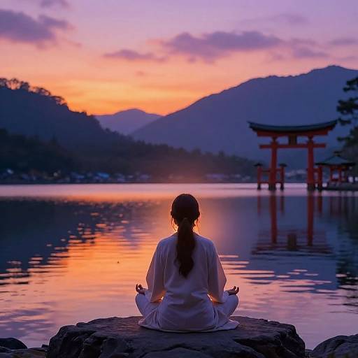 Photograph of a woman with a long braid, sitting in meditation on a rock, facing a tranquil lake at sunset, with orange and purple sky