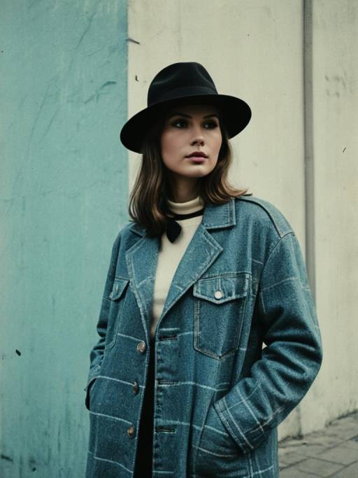Stylish Woman in Oversized Plaid Shacket and Wide-Brimmed Hat
