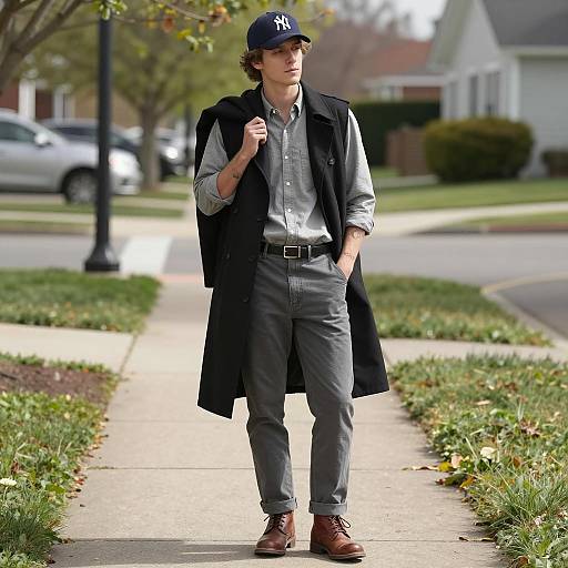 Young man in casual urban chic outfit on sidewalk