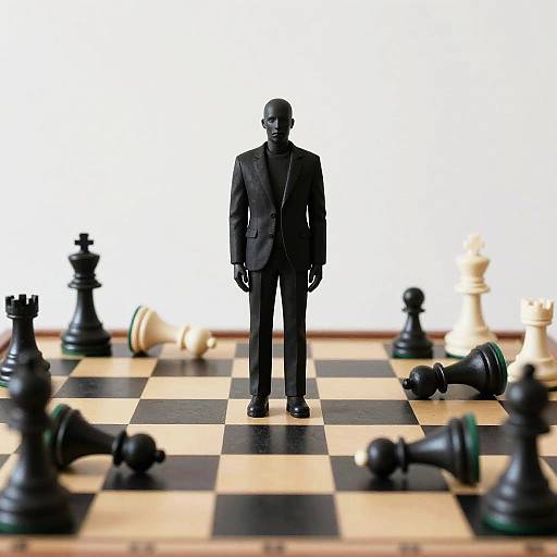 Photograph of a black-suited, shadowed man standing in the center of a scattered chessboard with black and white pieces.