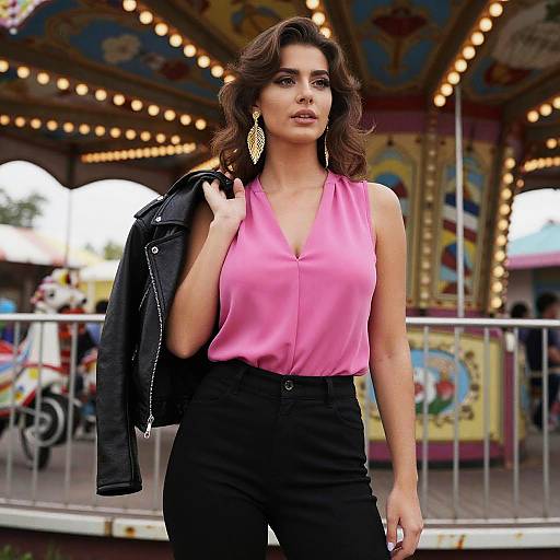 Photograph of a confident brunette woman with wavy hair, wearing a pink sleeveless blouse and black pants, carrying a black jacket, standing in front